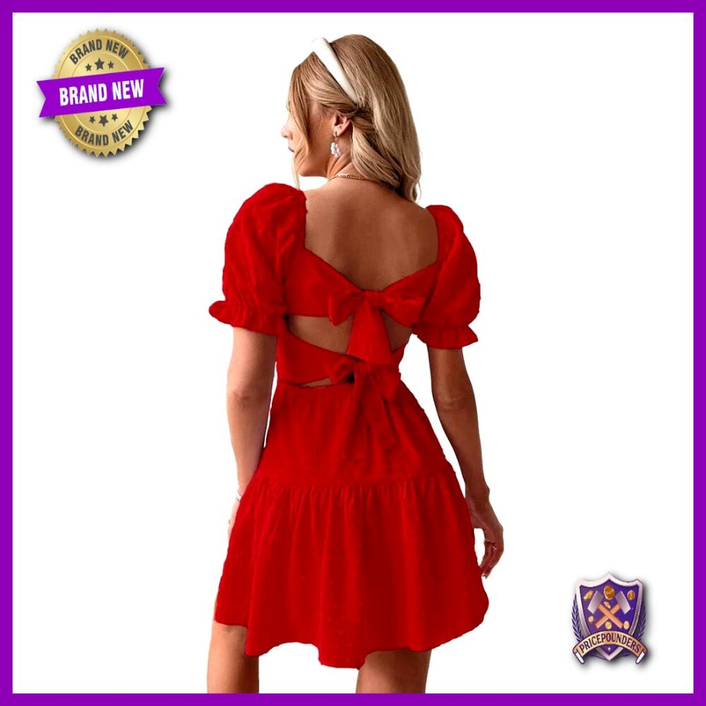 Swiss Dot Mini Dress Tie Backless Ruffle Hem Flowy Summer Casual Chic